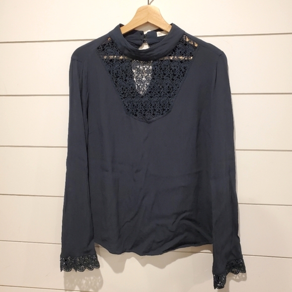Aritzia Gentle fawn small blouse high neck bell sleeve Top flowy teal lace shirt - Picture 2 of 16